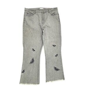 Loft The Kick Crop Raw Hem Butterflies Bleach Splatter Women's size 14 Gray Jean
